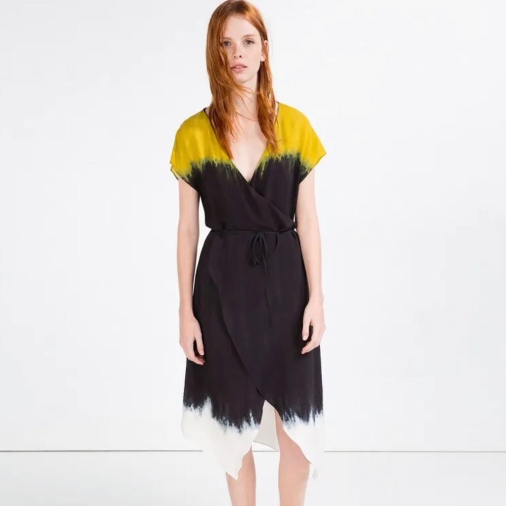 ZARA Ombre Tie Dye Wrap Midi Dress Asymmetrical Hem Yellow Navy - Picture 6 of 6